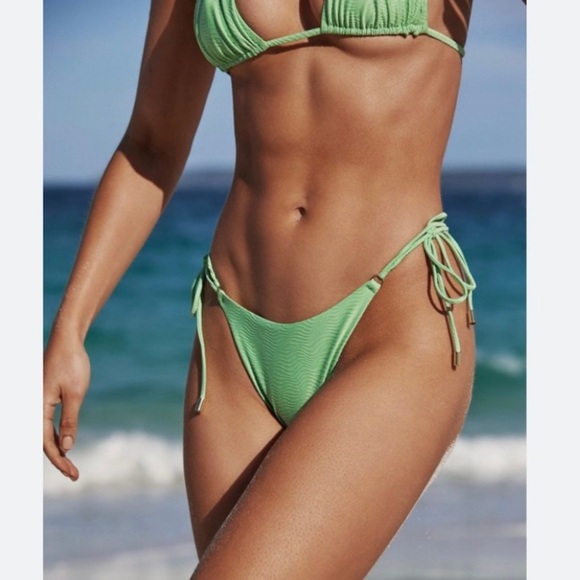 MONDAY SWIMWEAR HANALEI BOTTOM - PISTACHIO WAVE STRING BIKINI BOTTOMS L NWT - Picture 1 of 10